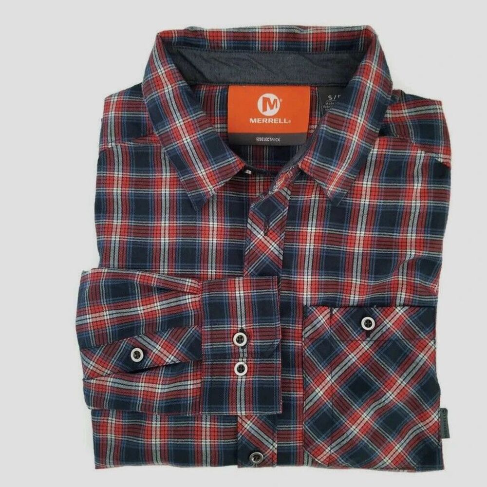 Merrell Shirt Men Small Navy Blue Red Plaid Outdoor Western Long Sleeve ButtonUp